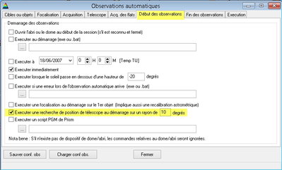 Observations automatiques, onglet début des observations, recherche de la position du télescope, version 8.1.5