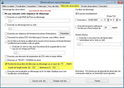 Observations automatiques, onglet début des observations, recherche de la position du télescope, version 9.0.1