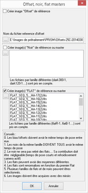 Fenêtre de création du Master Flat avec sélection de fichiers possédant une parenthèse fermante